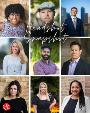 Advertisement for Headshot Snapshots by TK Photography in Austin, Texas. Features a collage of professional headshots taken on location, showcasing diverse backgrounds including greenery, urban, and brick settings. Includes session details and booking information.